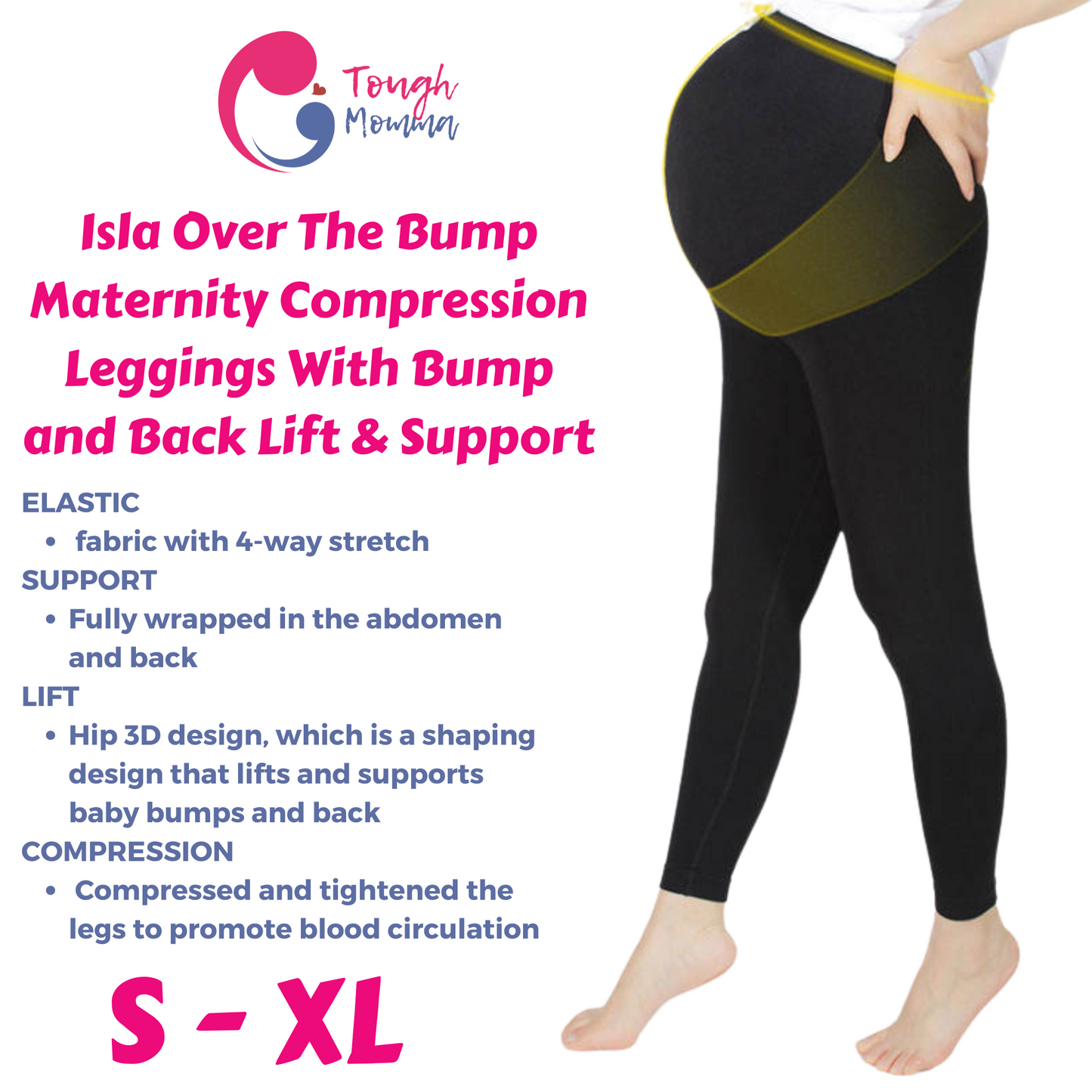 ToughMomma Isla Over The Bump Maternity Compression Leggings With Bump and Back Lift & Support